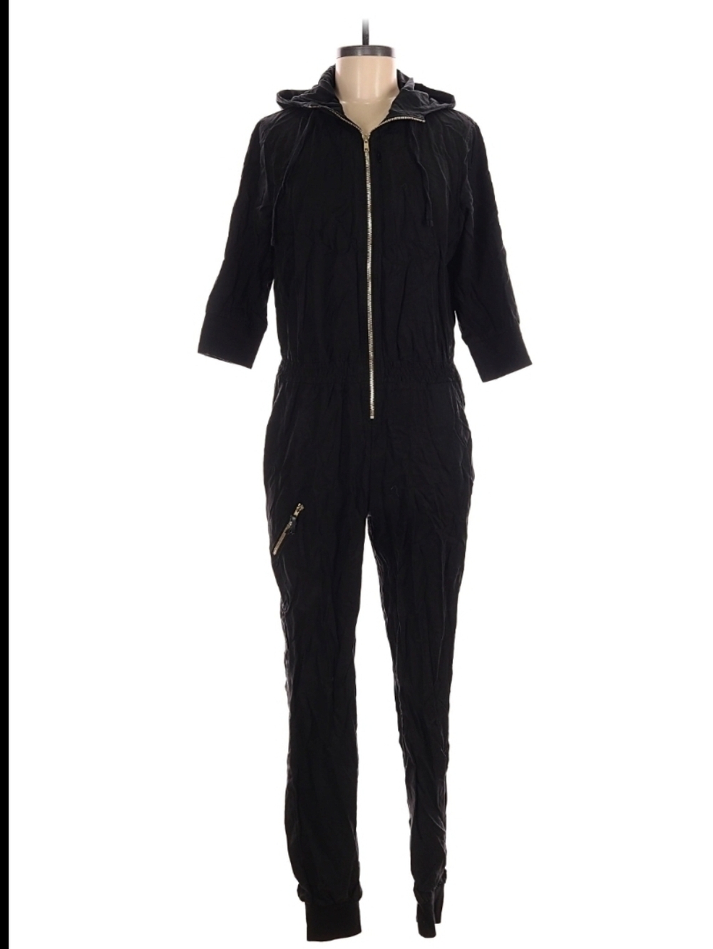 BETABRAND Women’s Black Hooded Zip-Front Jumpsuit - Medium
